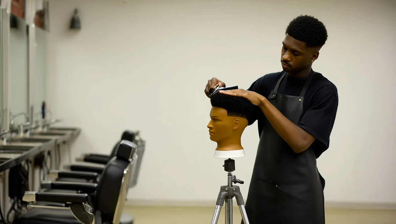 A barbering student practicing clipper work on a mannequin head