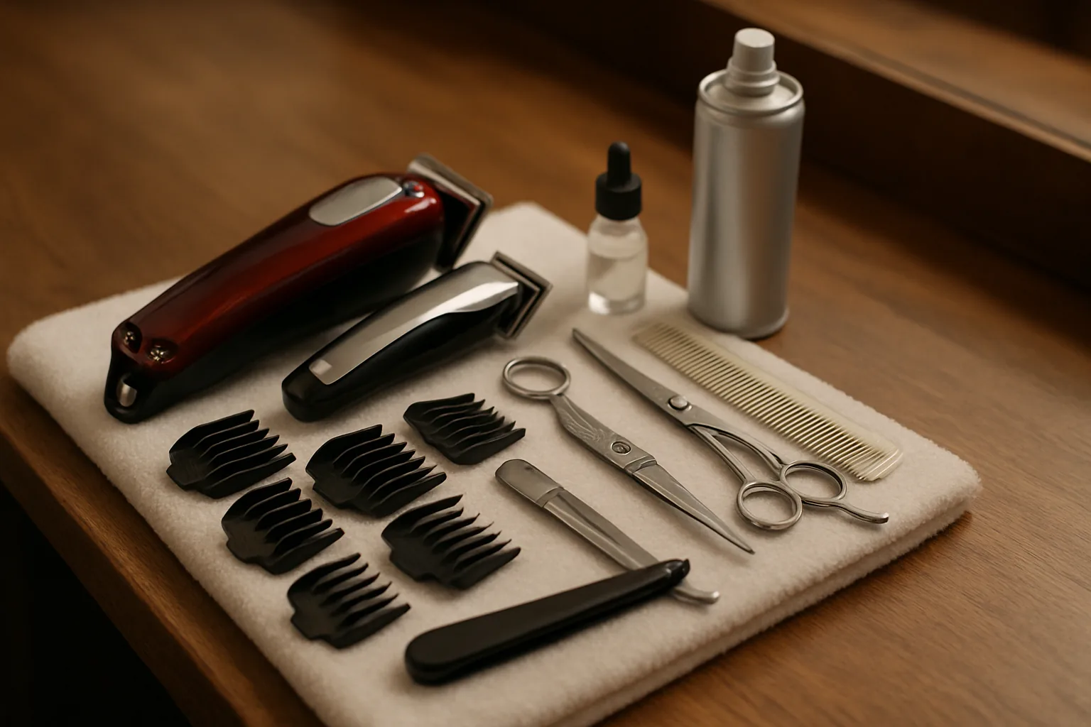 A barber's clippers, guards, shears and blade oil laid out on a station towel