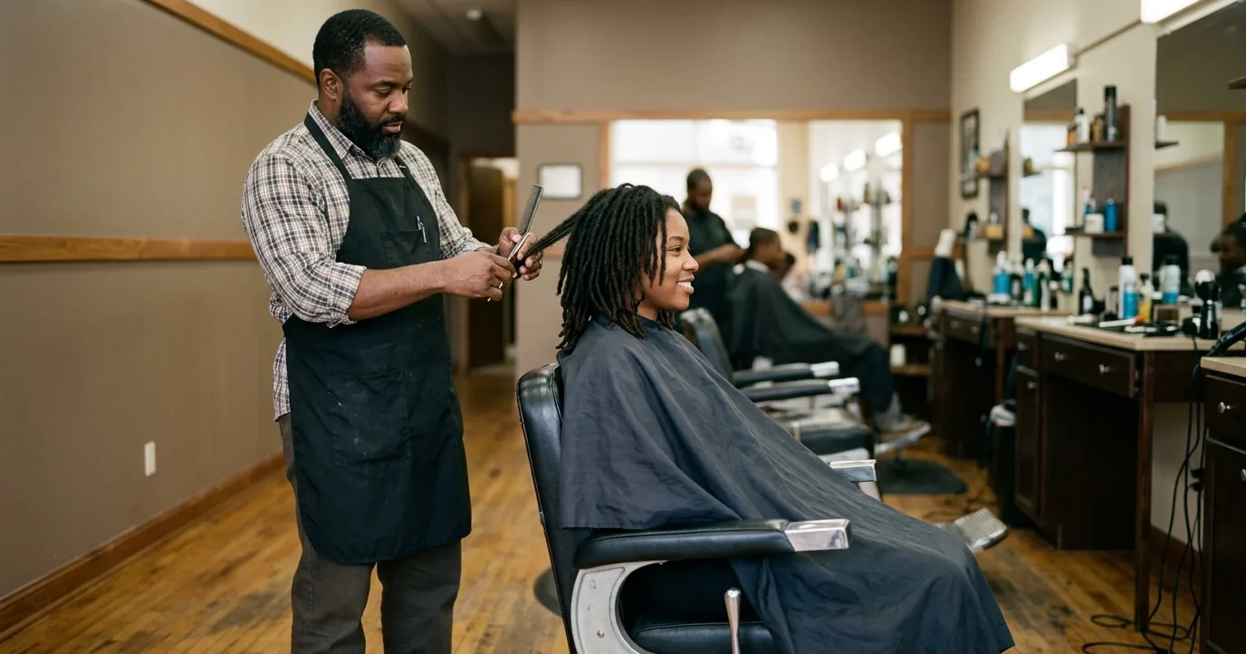 A barber grooming a client's shoulder-length locs