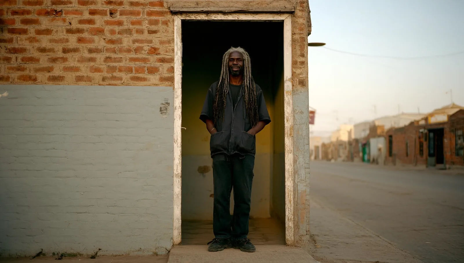 A man with long grey locs standing in a doorway