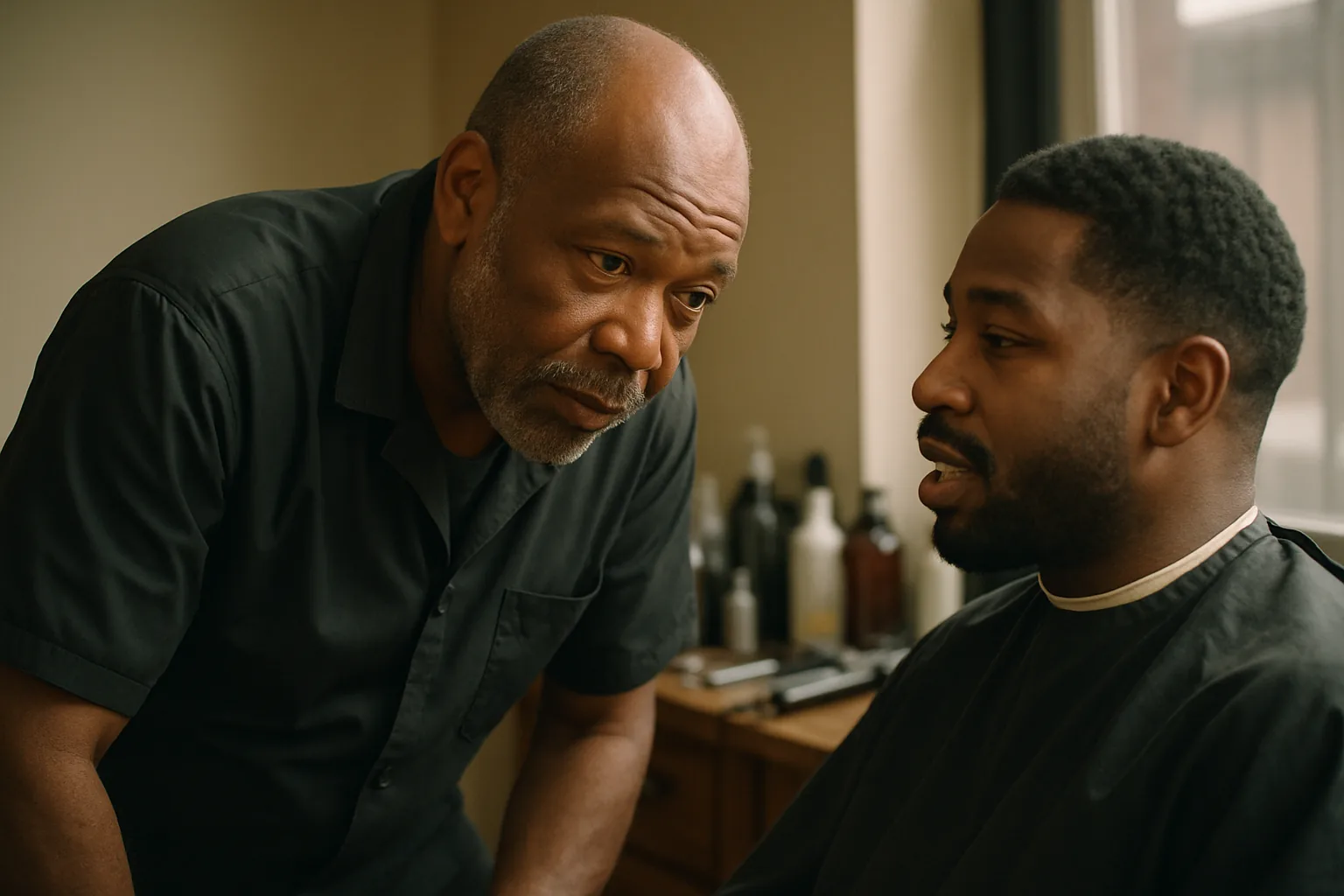 A Black barber leaning forward and listening intently as a client speaks from the chair.