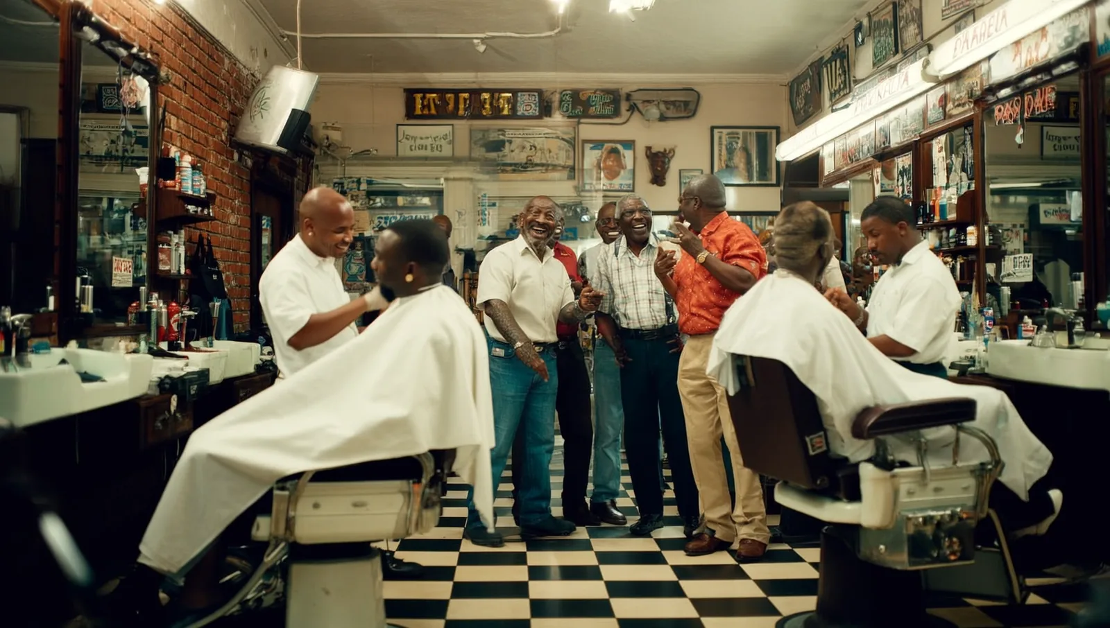 A bustling Black barbershop with barbers working and older men gathered near the front in animated conversation.