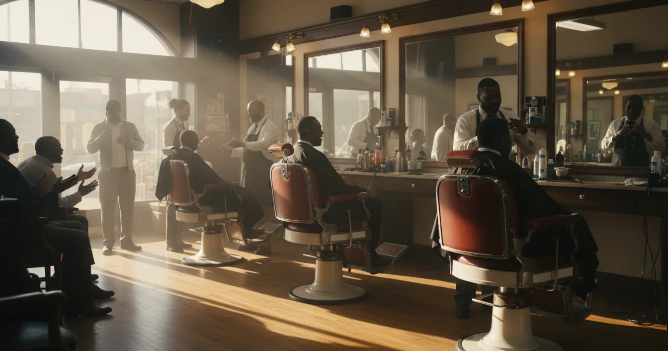 Interior of a classic Black barbershop with vintage chairs, mirrors, and a community feel.