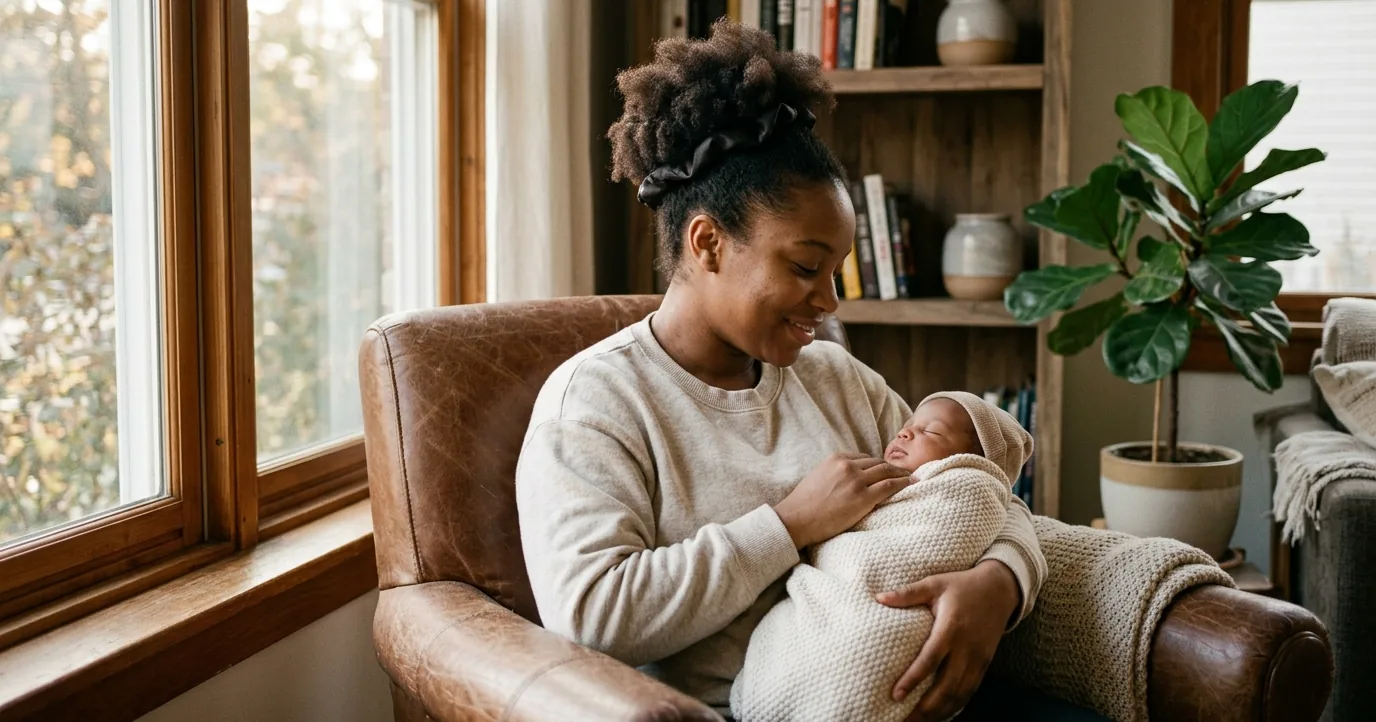 Black mother holding her sleeping newborn at home