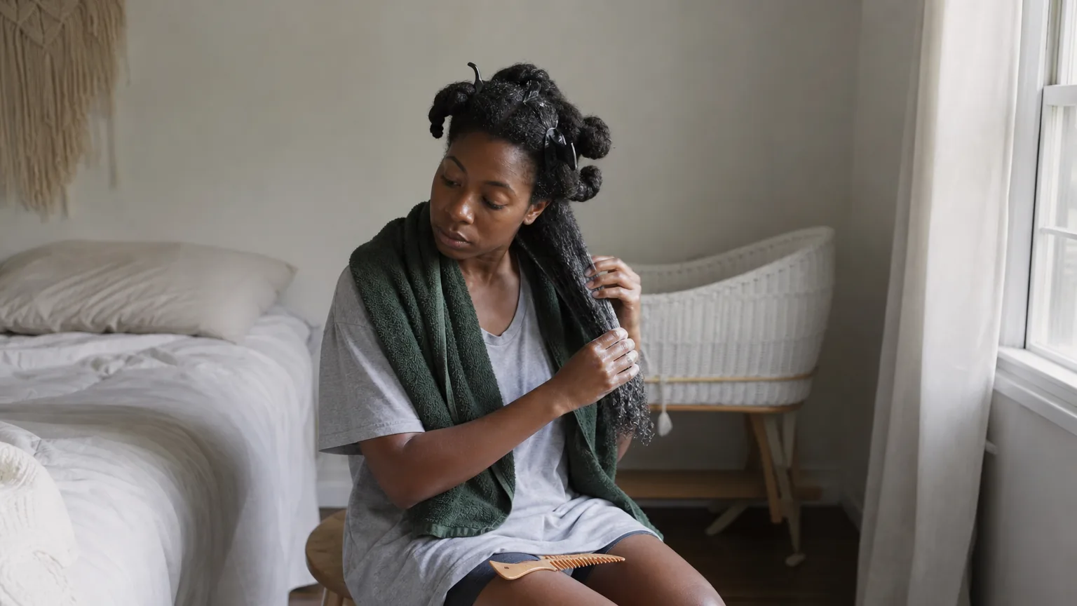 Woman detangling a section of conditioned coily hair