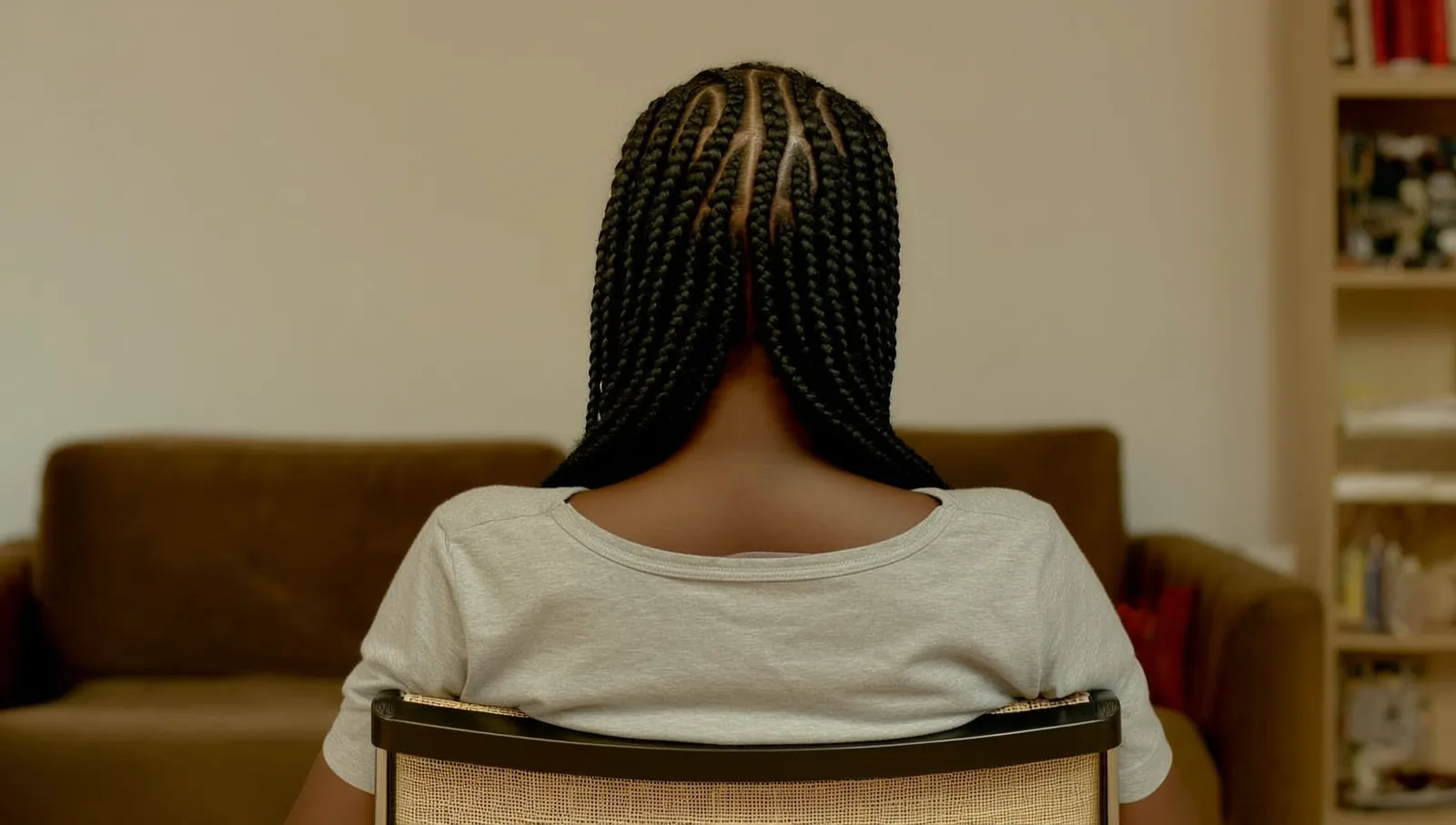 Back of a woman's head with braided cornrows and clean parts