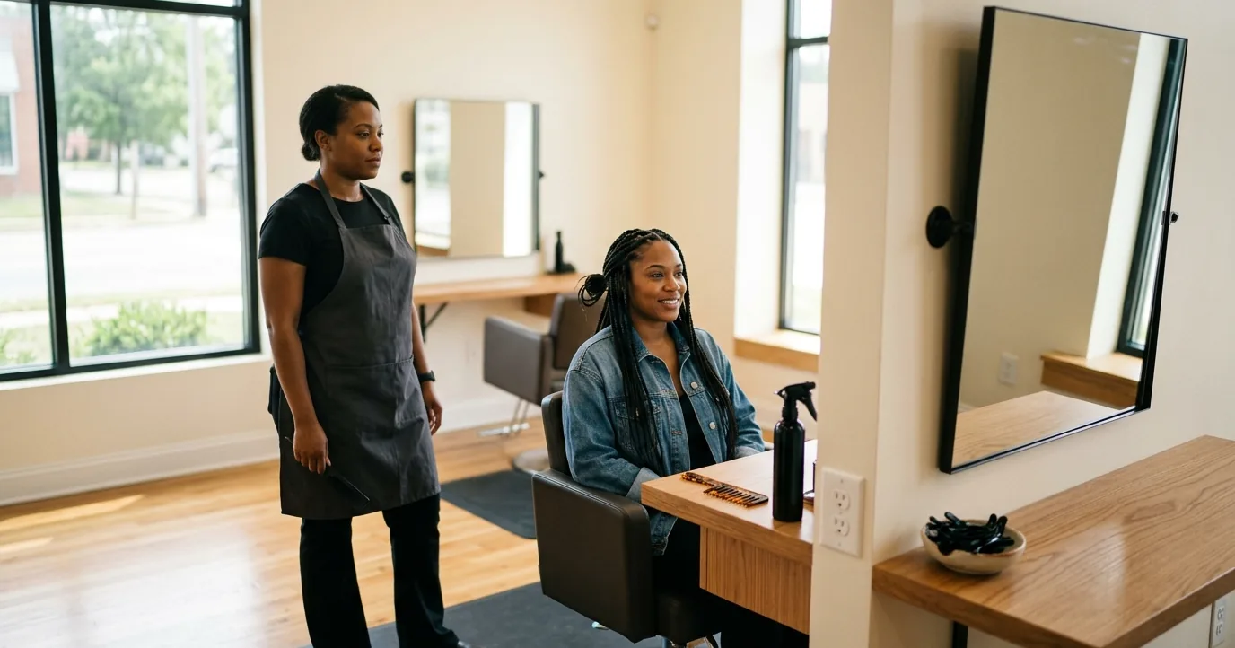 A stylist standing beside a client with long box braids at a salon station