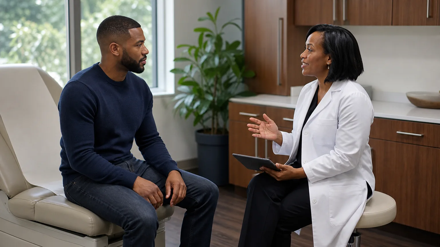 Man talking with a dermatologist in an exam room