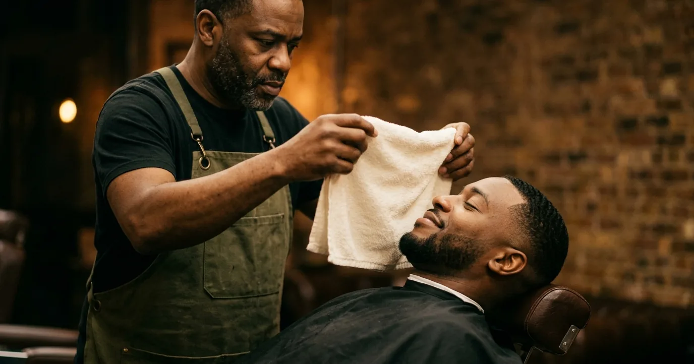 Barber holding a hot towel over a reclined client