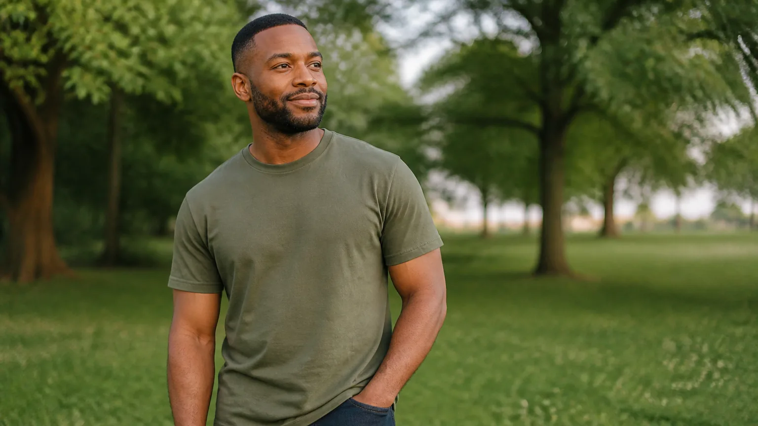 Man with a short trimmed beard in a park