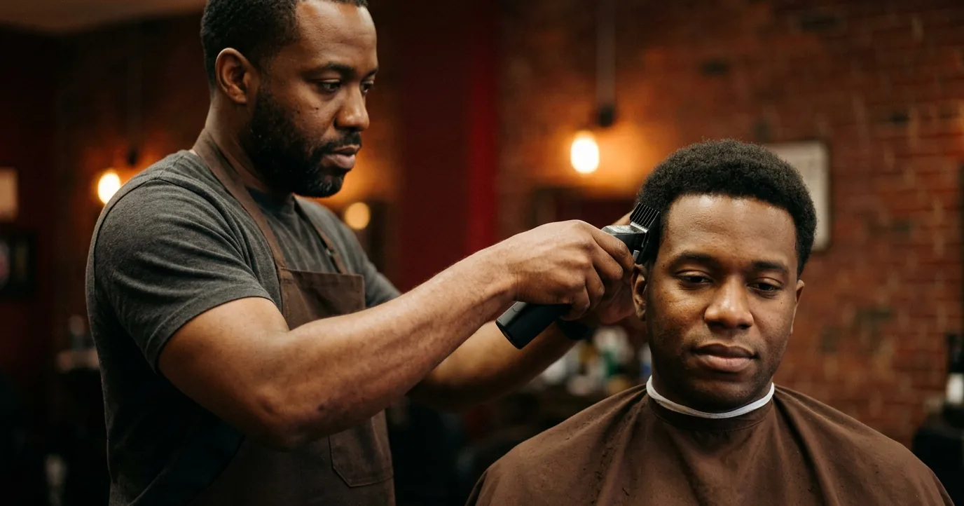 Barber cutting a client's hair with a guarded clipper