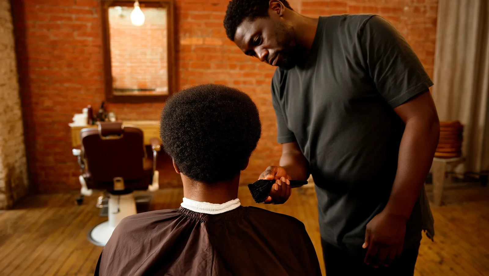 Barber holding a neck duster behind a seated client