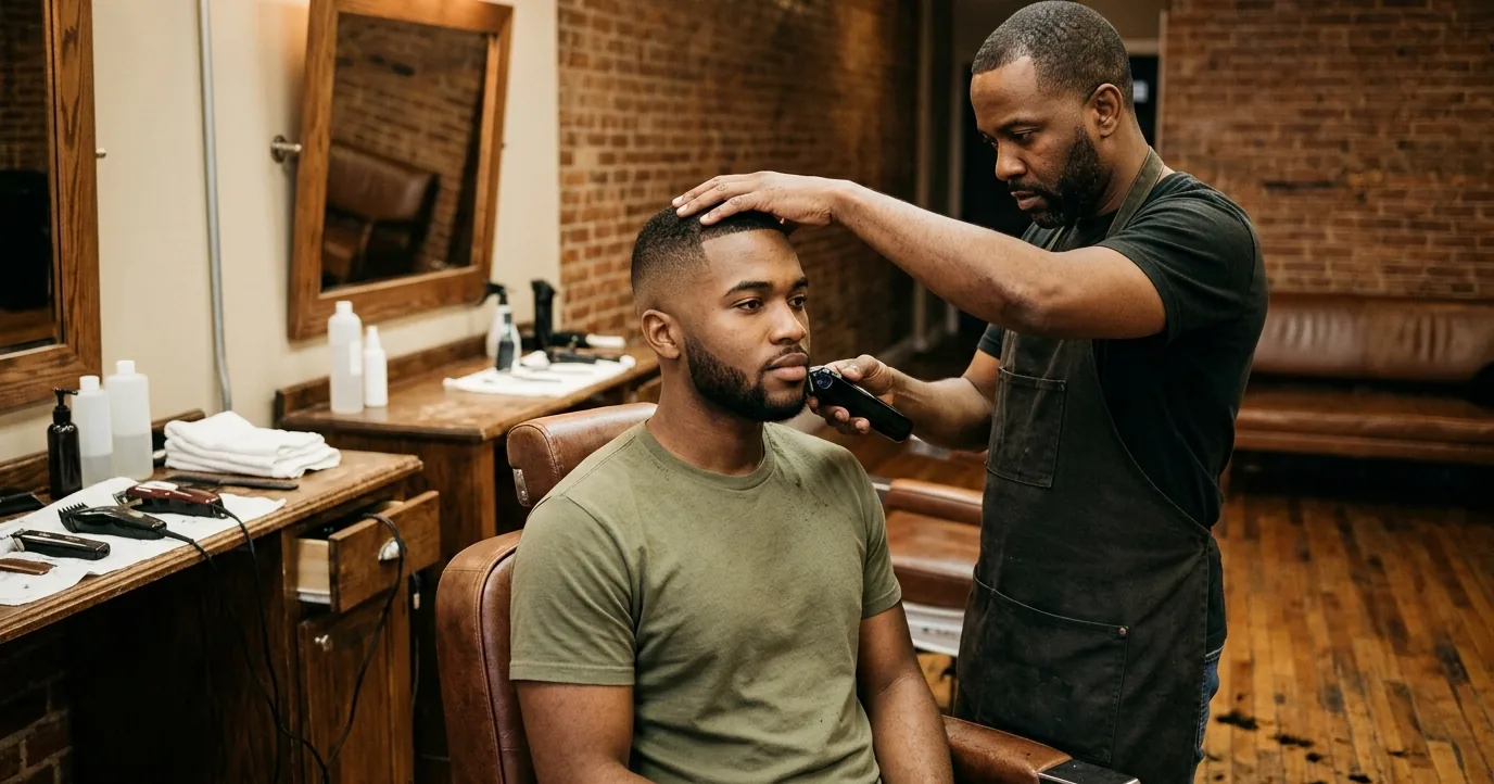 Barber trimming a young man's short beard