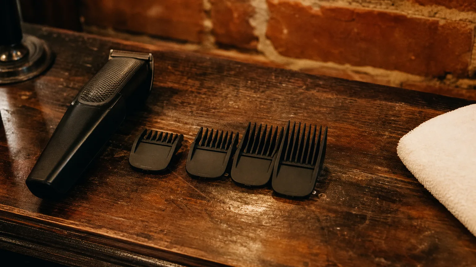 Beard trimmer and guard attachments on a wood counter