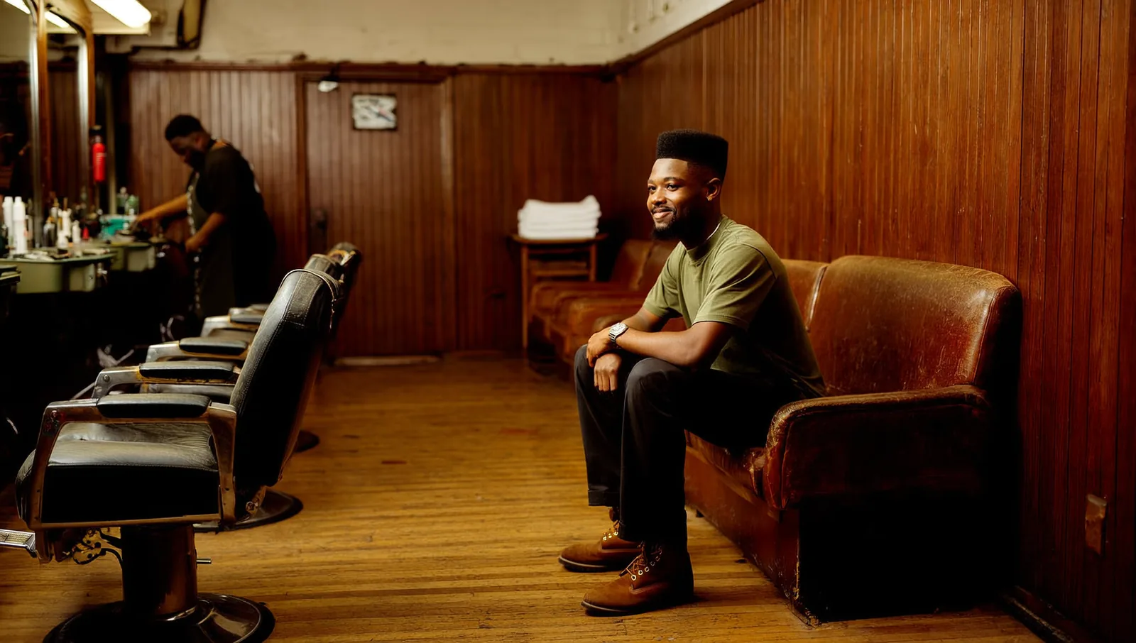 Young man waiting on a leather bench in a barbershop