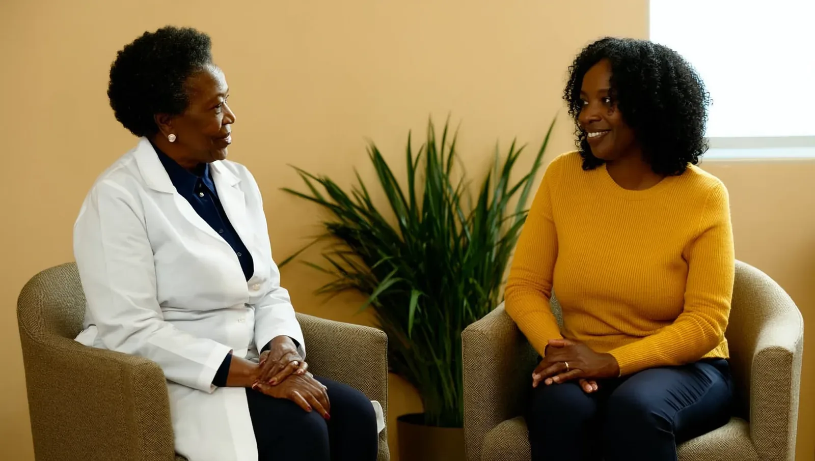 Woman talking with a dermatologist in an office