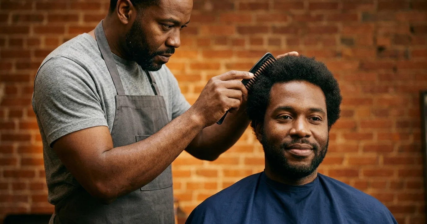 Barber parting a seated client's hair with a comb
