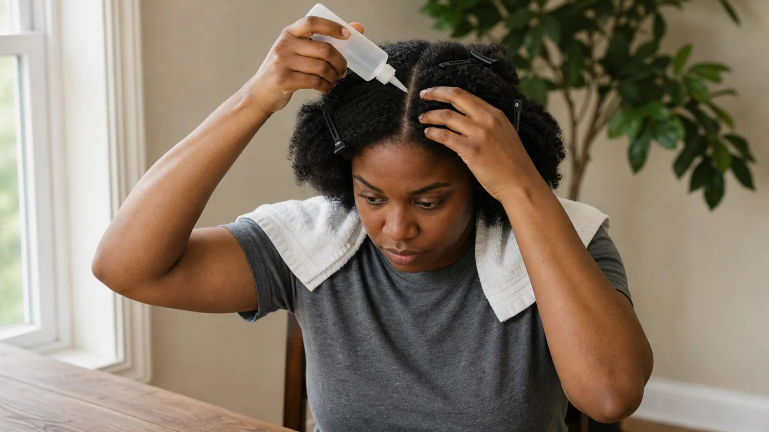 Woman applying a treatment along a part in her hair