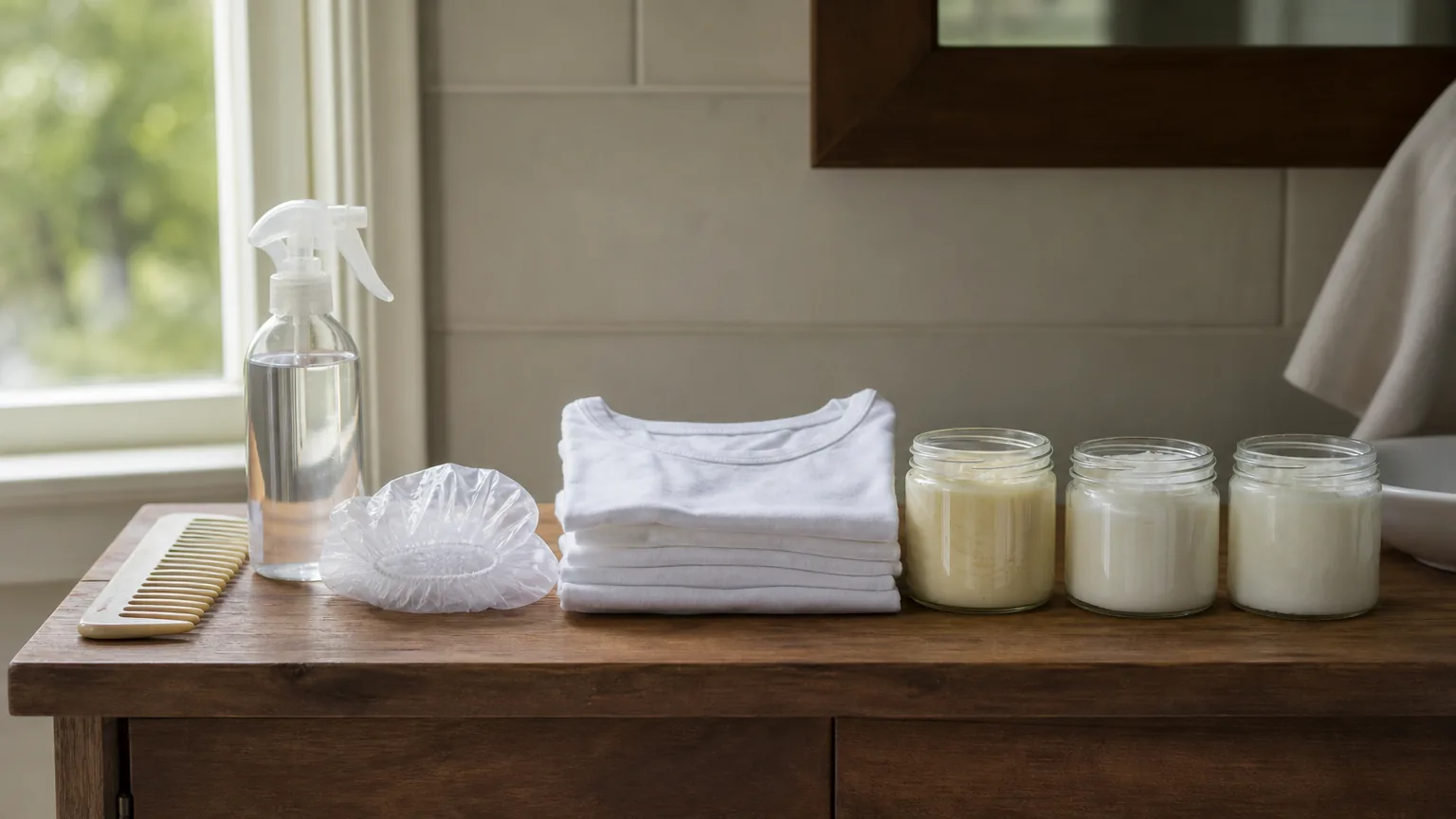 A comb, spray bottle, shower cap and jars of conditioner on a counter