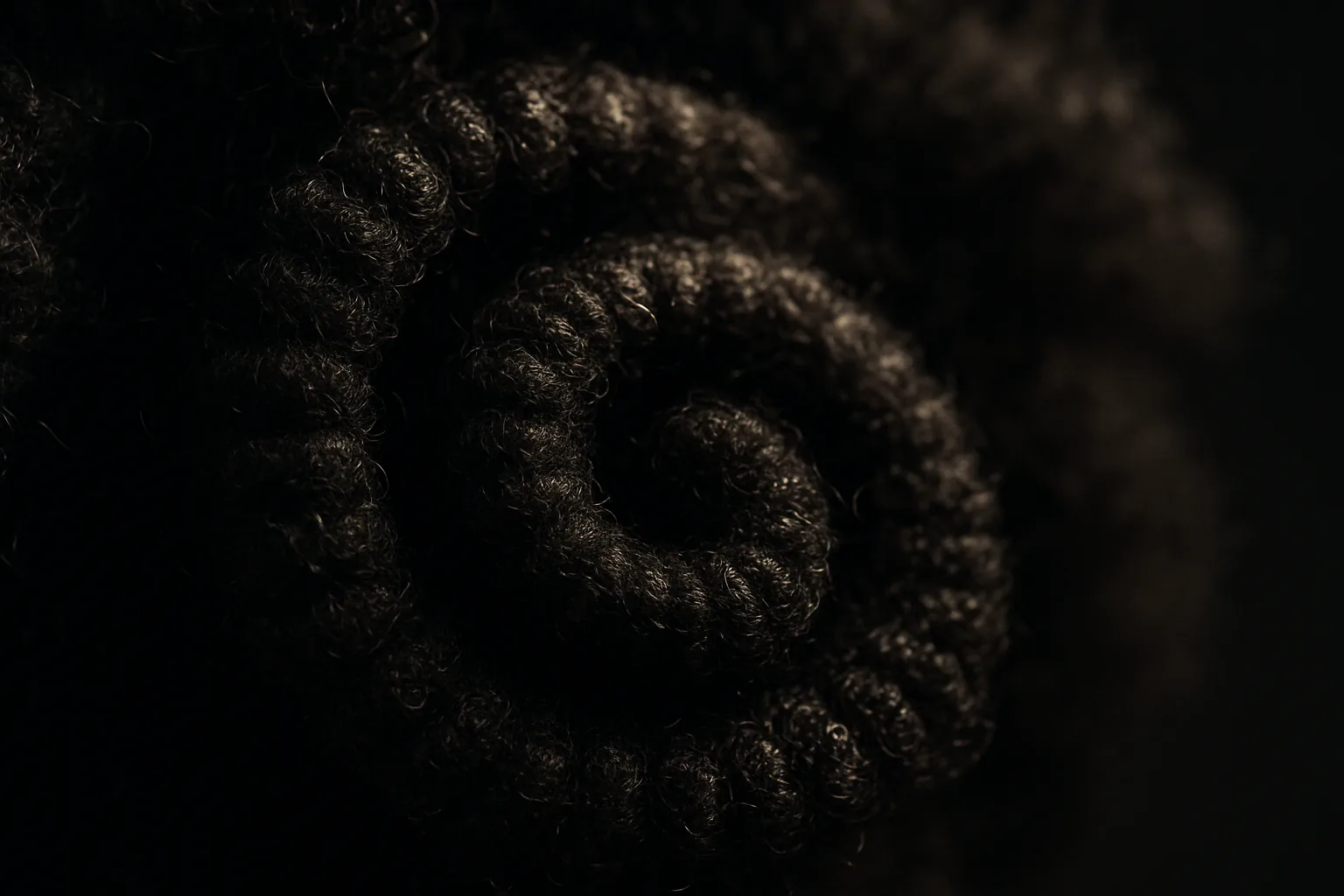 Macro close-up of tightly coiled Type 4 hair showing its spiral curl pattern strand by strand.