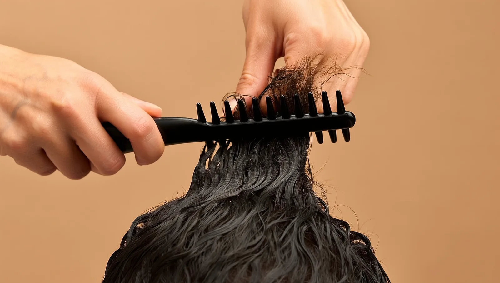 Hands using a wide-tooth comb to detangle damp coiled hair starting from the ends.