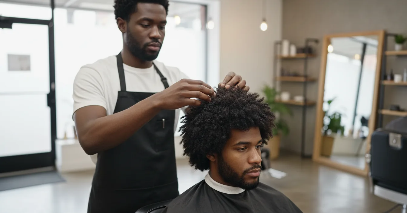 A barber gently parts and inspects a client's tightly coiled Type 4 hair to check its texture and condition.